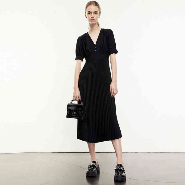 

20 tk summer high waist v-neck pleated slim black long dress, Black;gray