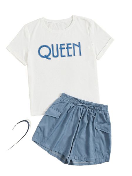 

letter graphic tee & tie front flap pocket shorts w3gj#, White