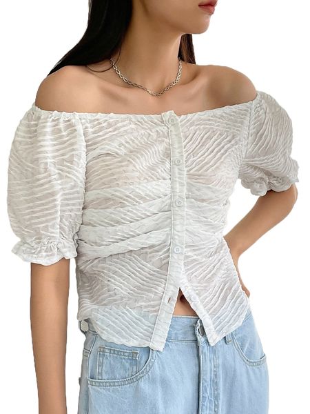 

dazy off shoulder puff sleeve button front textured blouse n2qz#, White