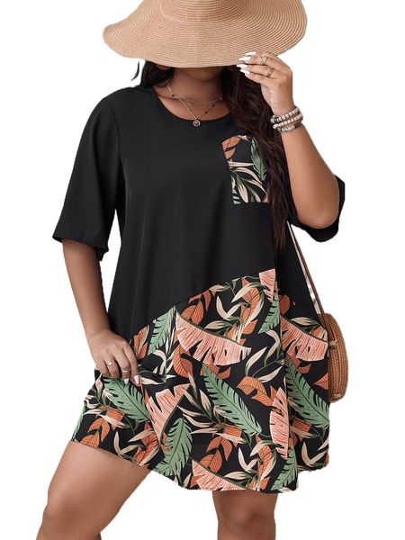 

plus tropical print pocket tee dress y8ki#, Black