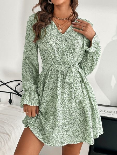 

ditsy floral flounce sleeve belted dress m8sb#, Black;gray