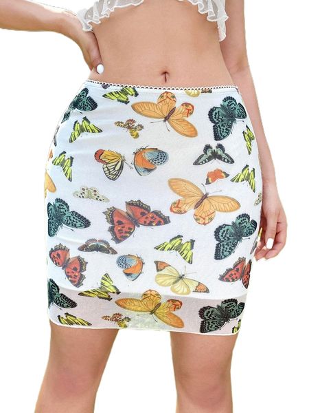 

allover butterfly print contrast lace skirt e7m3#, Black