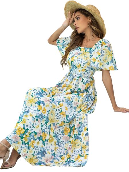 

allover floral print square neck butterfly sleeve dress y6po#, Black;gray