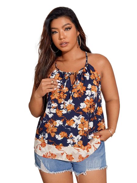 

plus tie front floral print cami r0vi#, Black