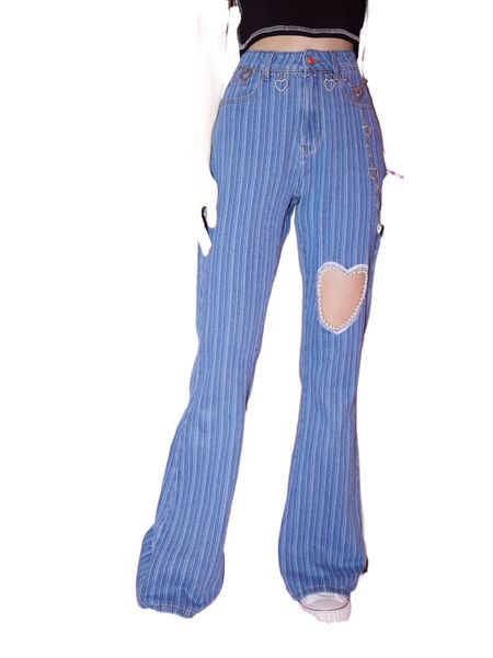 

romwe cut out striped jeans z4bl#, Blue