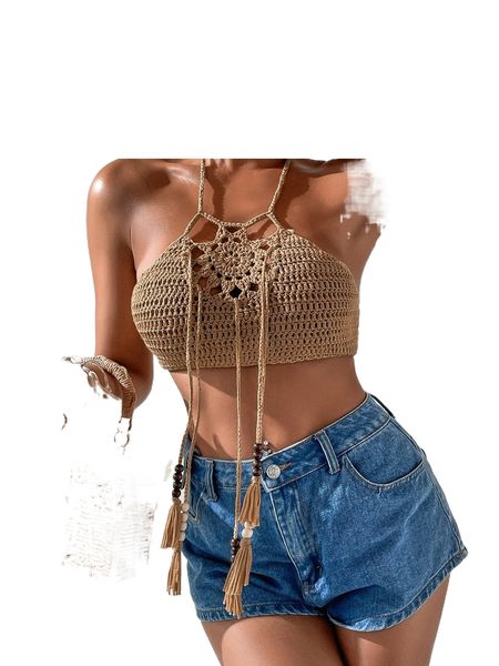 

t.ie b.ackless tassel detail crop h.alter c.over up 62er#, White;black