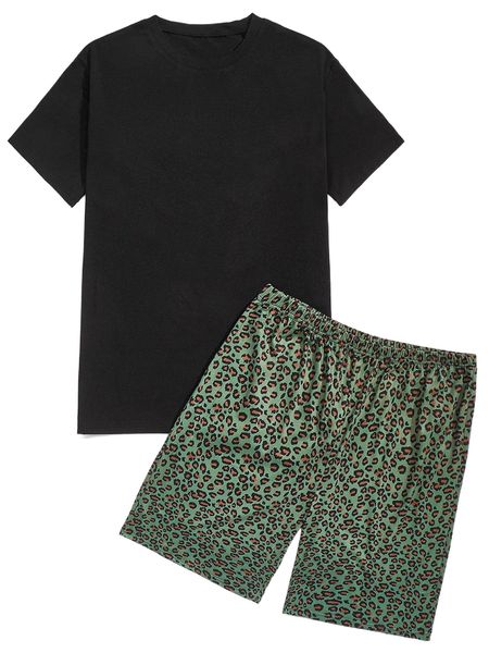 

men solid tee & leopard print shorts pj set x8uu#, Black;brown
