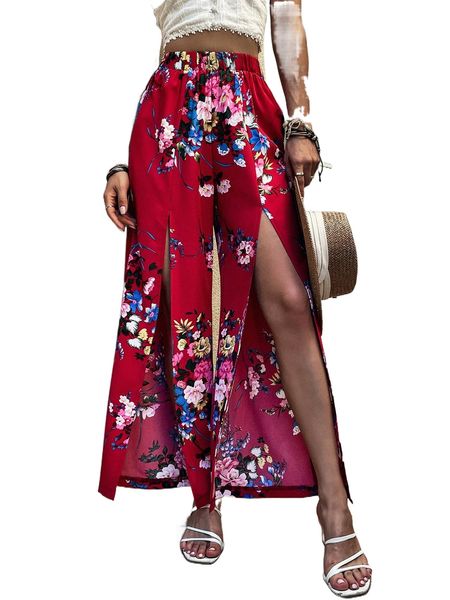 

floral print elastic waist split thigh pants b0p7#, Black;white