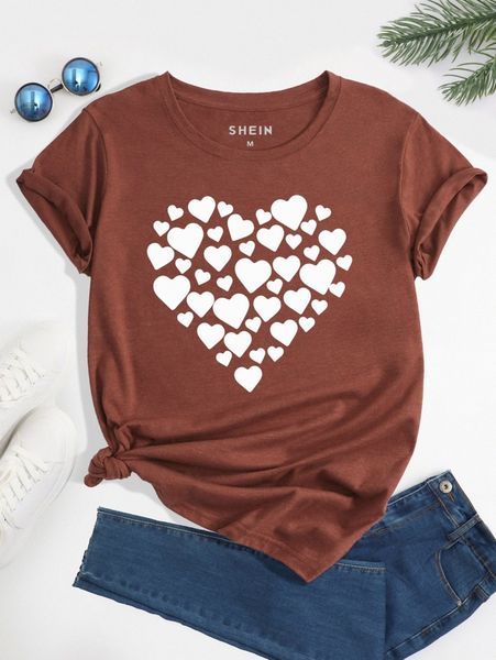 

heart print round neck tee l2i6#, White