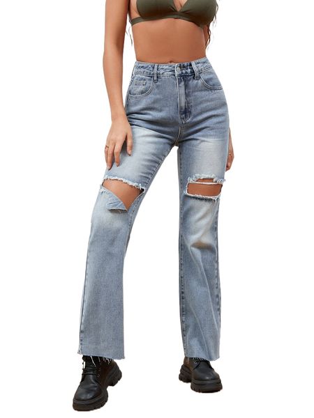 

zipper fly ripped raw hem jeans 94dm#, Blue