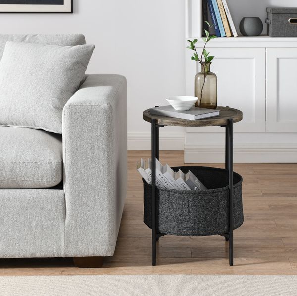 

modern accent end table with storage basket,grey cloth bag and brown top