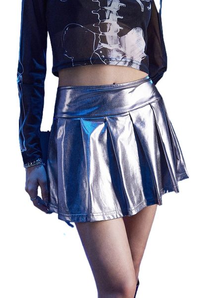 

romwe cyber luvr glitter pleated skirt j46v#, Black