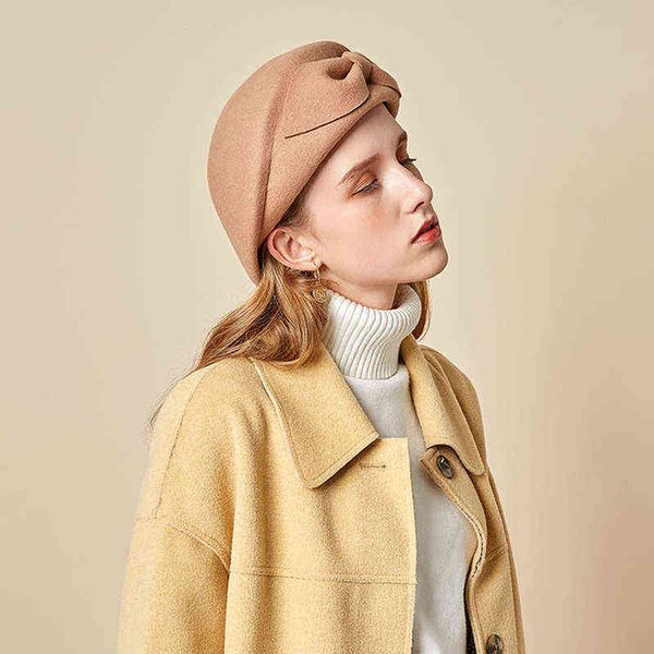 

k92 new 2020 ladies hat female felt hat autumn and winter wool beret elegant solid color retro hat bow stewardess caps j220722, Blue;gray