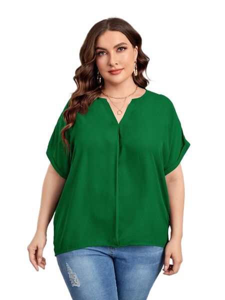 

plus notched neck batwing sleeve roll cuff blouse v1lo#, Black