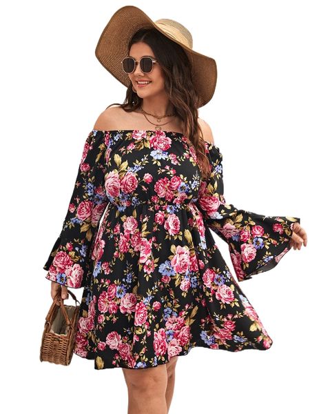 

plus allover floral print off shoulder flounce sleeve dress s1sy#, Black