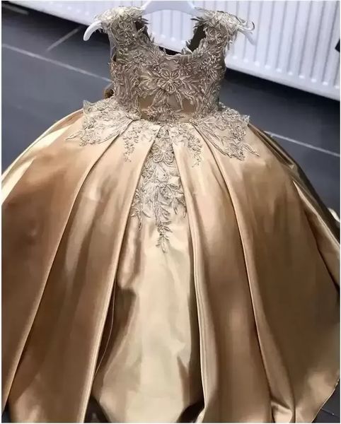 Goldenes Blumenmädchenkleid mit Applikationen, Kristallen und Korsettrücken, langes Festzugskleid für Kleinkinder, Ballkleid, kleine Kindergeburtstagskleider 0812