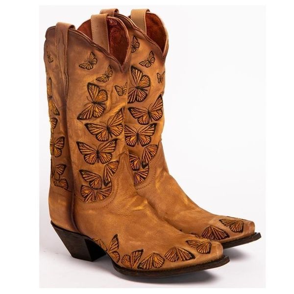 

2021 women's rustic tan embroidered butterfly cowgirl boots western womens retro knee high handmade leather cowboy302v, Black