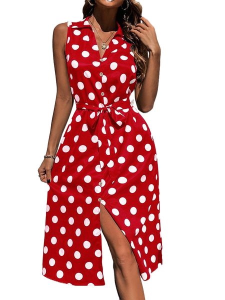

polka dot split hem belted dress s1zy#, Black;gray