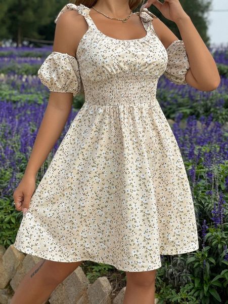 

ditsy floral cold shoulder shirred flared dress w5s4#, Black;gray