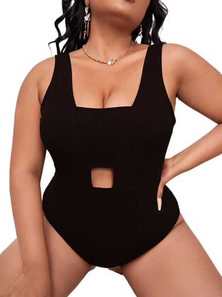 

plus plain rib cut-out one piece swimsuit f2s6#, White;black