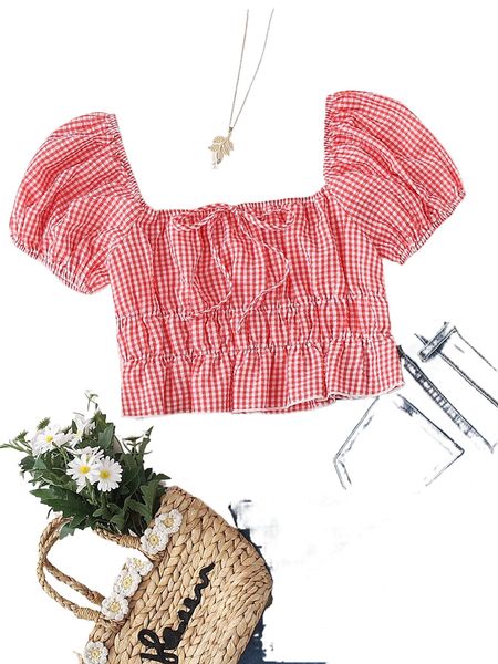 

mod gingham print puff sleeve tie front peplum u3uy#, White