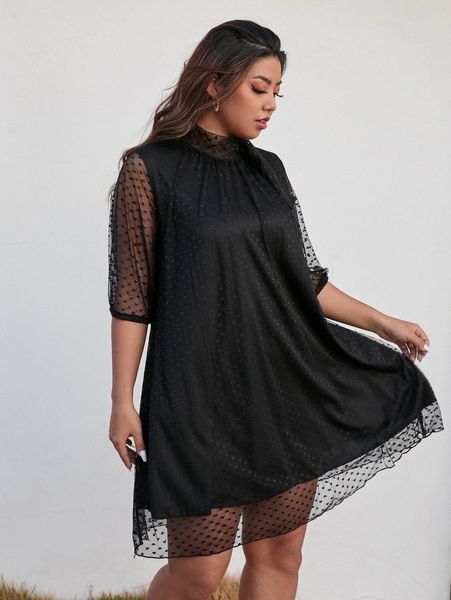 

plus swiss dot contrast mesh dress i2dz#, Black