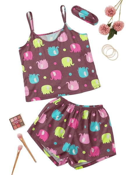 

plus cartoon elephant & polka dot cami pj set with eye cover v25x#, Black;white
