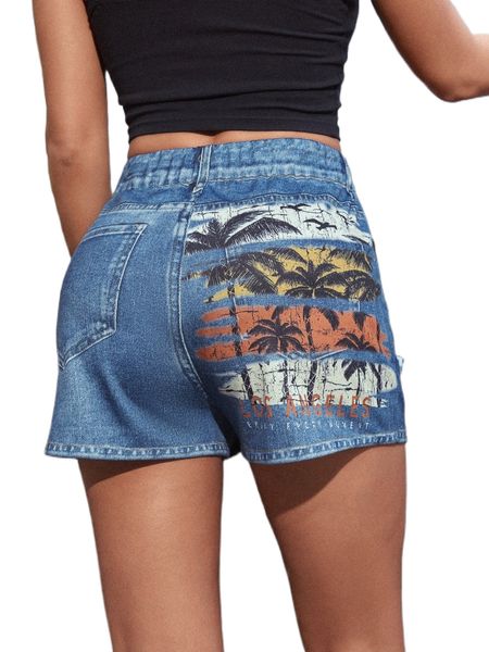 

palm tree & letter graphic chambray shorts h8vd#, White;black
