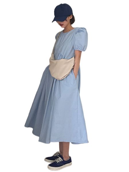 

dazy puff sleeve solid dress k1mg#, Black;gray