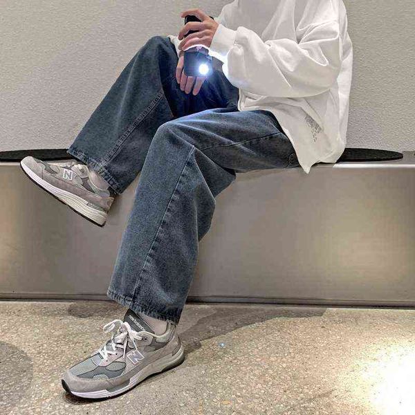 

2022 straight loose jeans men's trendy brand casual wide leg hong kong style mopping long pants t220726, Blue