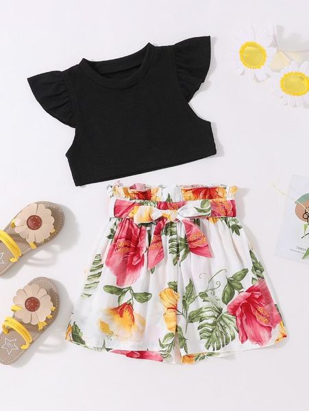 

toddler girls ruffle sleeve & tropical print belted shorts she, White