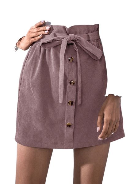 

button front paper bag waist belted corduroy skirt p6be#, Black