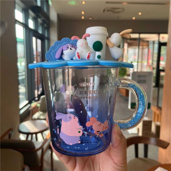 

starbucks mid autumn moon rabbit tasting coffee glass blue gradient cartoon color diamond handle covered water cup