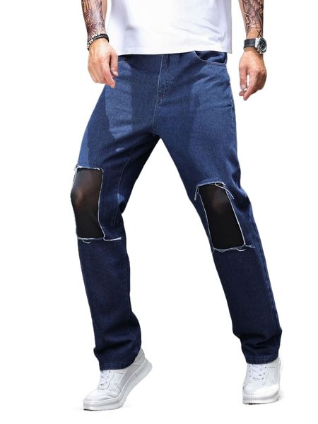 

men mesh insert raw trim jeans d0cr#, Blue