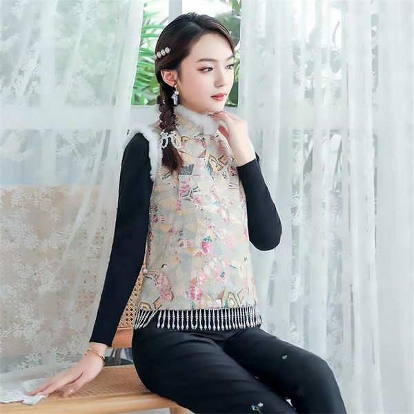 

women's vests heavy industry sequin embroidered pearl tassel vest rabbit hair collar with cotton thickened tang female 210815 r6r5, Black;white