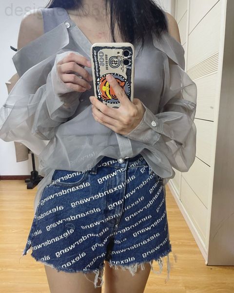 

women's jeans designer aw dawangjia 22 spring and summer new alphabet all over printed denim shorts high waist bai da ins raw edge girl, Blue