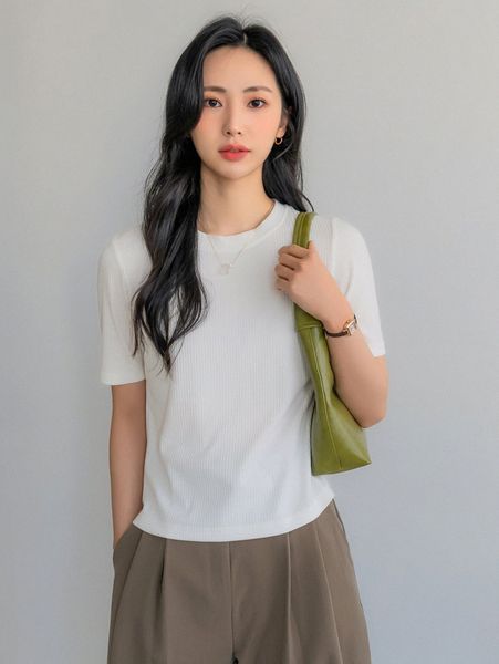 

dazy-less ribbed knit round neck tee 18ji#, White