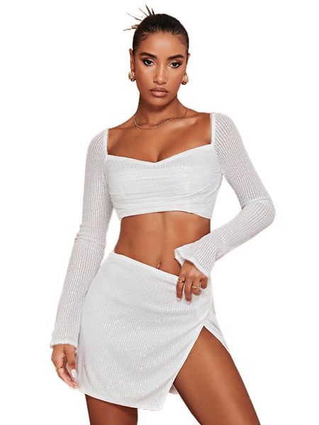 

bae sweetheart neck tie back crop sequin h3kz#, White