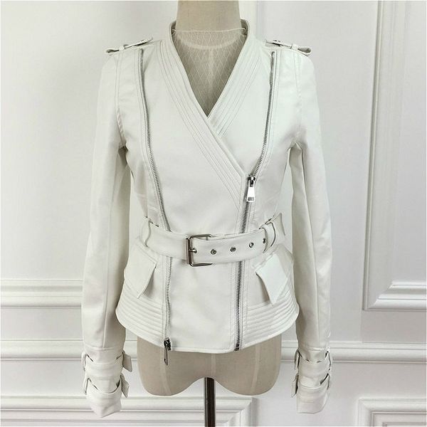 Mulheres Primavera Autumn Autumn White Faux Leather Jacket feminino Fall Slim Motorcycle Biker Jaqueta