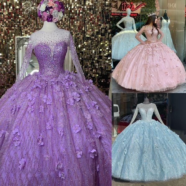 Blingbling Quinceanera-Kleid 2023 mit Ärmeln, glitzernden Pailletten, Kristall, Blumenmuster, süßes 16-Kleid, Vestidos de 15 Anos, Charro, mexikanisch, hellblau, lavendelrosa, Quittenkönigin