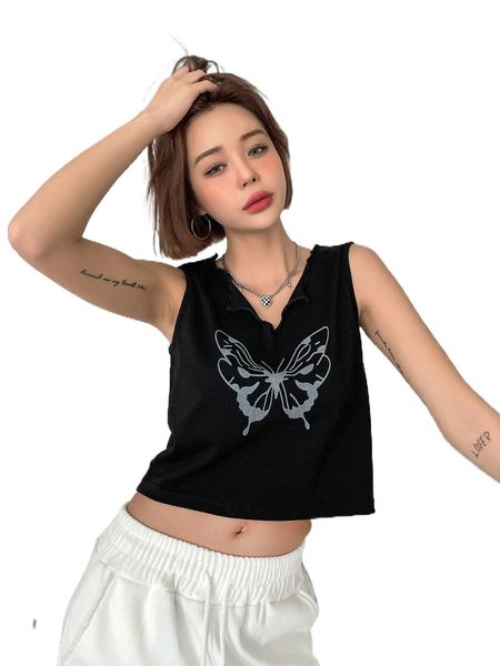 

dazy butterfly print notched detail crop tank w3be#, White