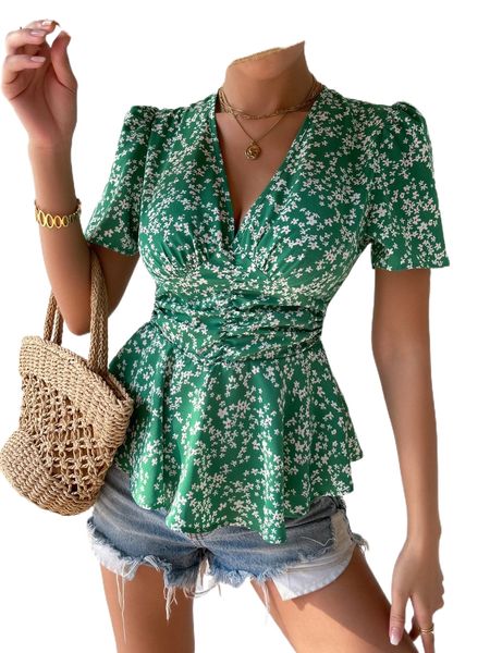 

ditsy floral ruched puff sleeve blouse p6bs#, White