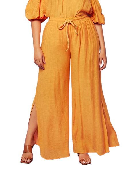 

plus drawstring waist split hem wide leg pants e26o#, Black