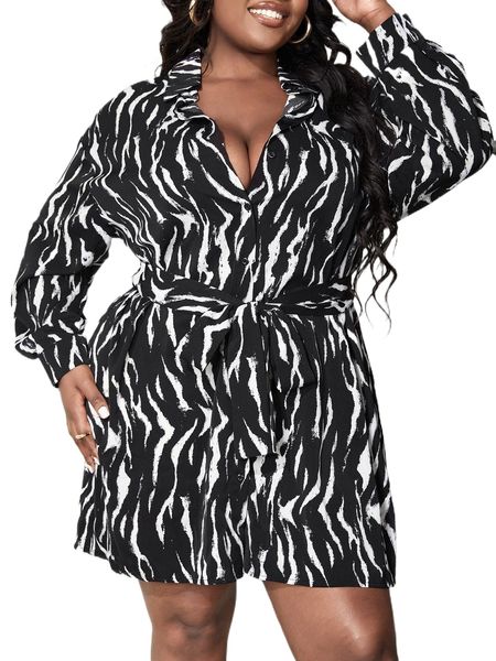 

sxy plus zebra stripe button up belted shirt dress u08v#, Black
