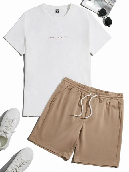 

men japanese letter graphic tee & track shorts 154i#, Gray