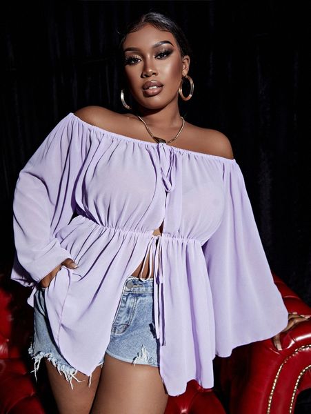 

plus off shoulder knot front split hem peplum blouse n1wk#, Black