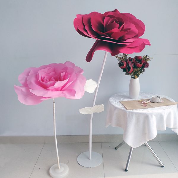 Flor Artificial Gigante de 80cm Rosa com Base de Haste de Flor Flores de Espuma Fundo de Casamento Parede Palco Hotel Shopping Decoração