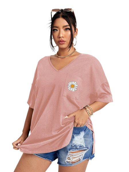 

plus floral print longline tee z2x9#, Black