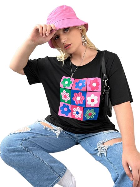 

plus floral print drop shoulder tee 15nq#, Black