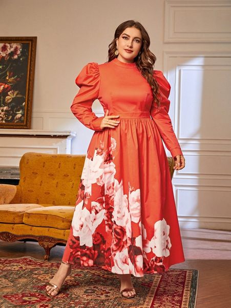 

plus floral stand collar gigot sleeve dress 58cx#, Black